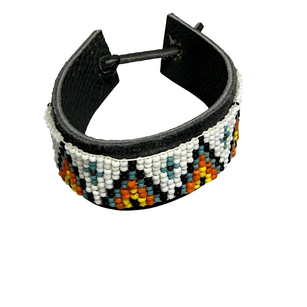 Bechelli Beaded Cuff Bracelet Leather Glass Adjustable Tie Multicolor Boho Style